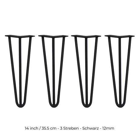 Schwarze Hairpin Tischbeine aus Metall, 35,5 cm hoch, mit drei Streben und 12 mm Durchmesser, ideal für moderne Möbelgestaltungen
