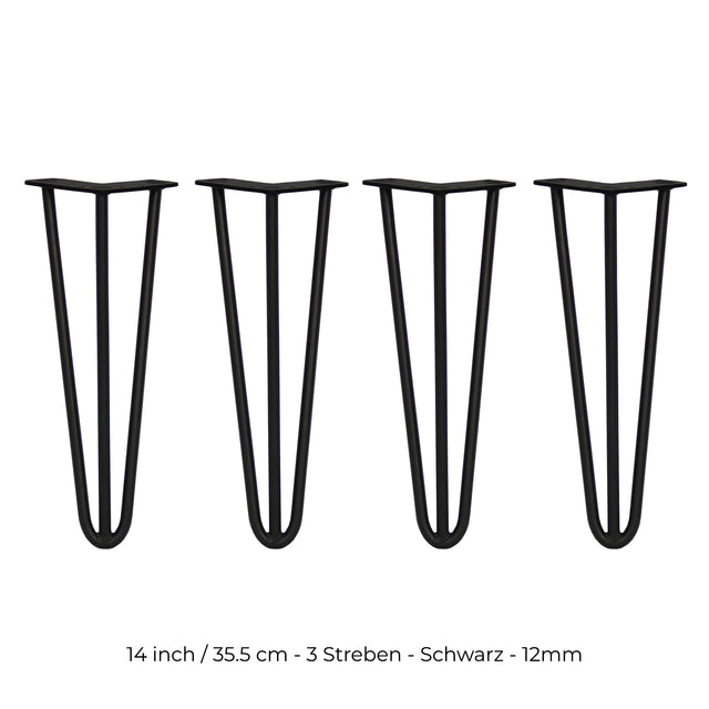 Schwarze Hairpin Tischbeine aus Metall, 35,5 cm hoch, mit drei Streben und 12 mm Durchmesser, ideal für moderne Möbelgestaltungen
