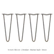 Vier 35,5 cm lange Hairpin Tischbeine aus Rohstahl mit zwei Streben, schlankem Design und robustem 10 mm Durchmesser, ideal für moderne Möbelprojekte