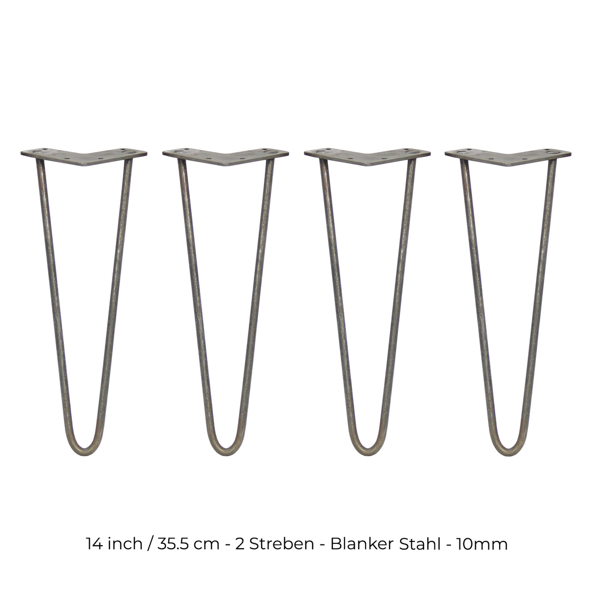 Vier 35,5 cm lange Hairpin Tischbeine aus Rohstahl mit zwei Streben, schlankem Design und robustem 10 mm Durchmesser, ideal für moderne Möbelprojekte