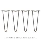 Vier 35,5 cm lange Hairpin Tischbeine aus Rohstahl mit zwei Streben, schlankem Design und robustem 10 mm Durchmesser, ideal für moderne Möbelprojekte