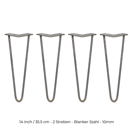 Vier 35,5 cm lange Hairpin Tischbeine aus Rohstahl mit zwei Streben, schlankem Design und robustem 10 mm Durchmesser, ideal für moderne Möbelprojekte