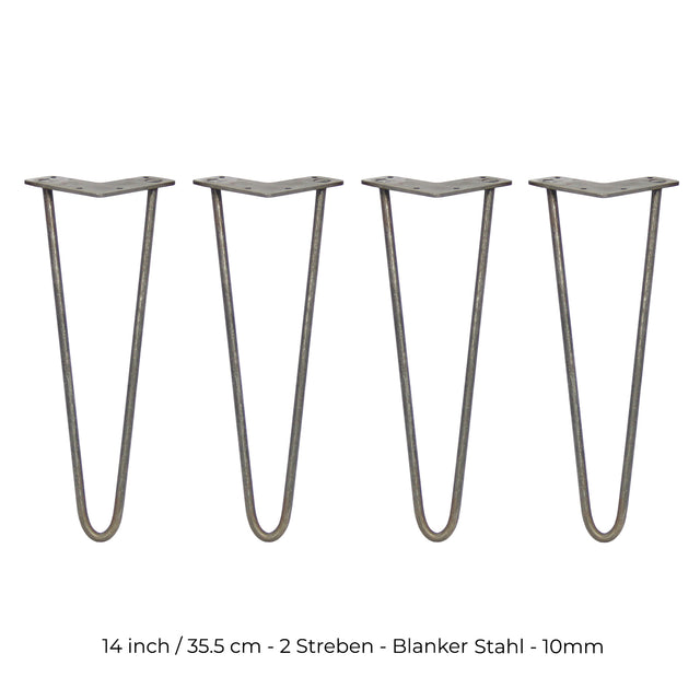 Vier 35,5 cm lange Hairpin Tischbeine aus Rohstahl mit zwei Streben, schlankem Design und robustem 10 mm Durchmesser, ideal für moderne Möbelprojekte