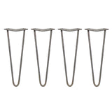 Vier 35,5 cm hohe Hairpin Tischbeine aus Rohstahl mit zwei Streben, elegant geschwungen, robust und ideal für moderne Möbelprojekte