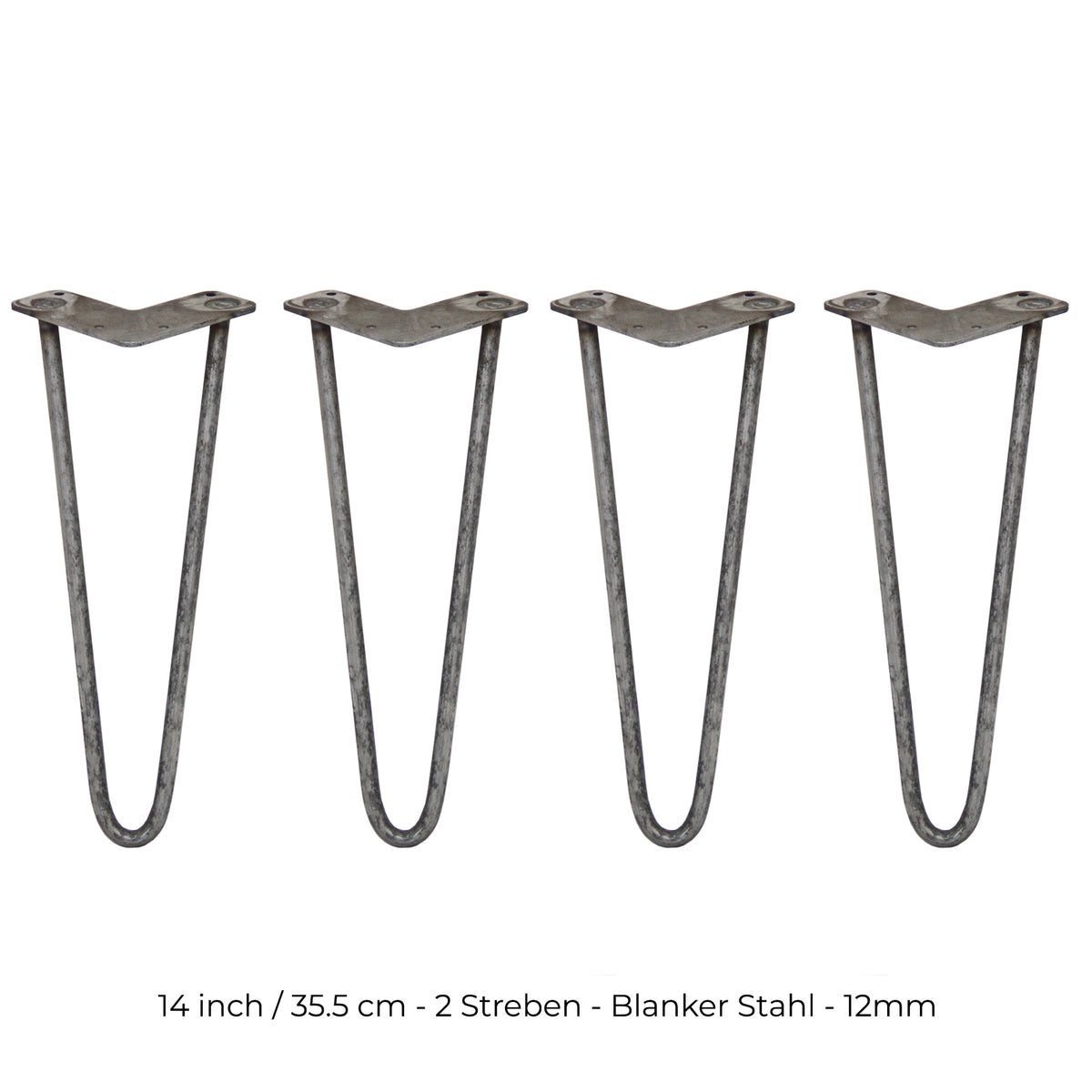 Vier 35,5 cm lange Hairpin Tischbeine aus rohem Stahl mit zwei Streben, in einer eleganten, minimalistischen Form und robustem, industriellem Look
