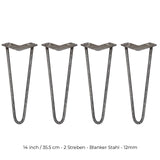 Vier 35,5 cm lange Hairpin Tischbeine aus rohem Stahl mit zwei Streben, in einer eleganten, minimalistischen Form und robustem, industriellem Look