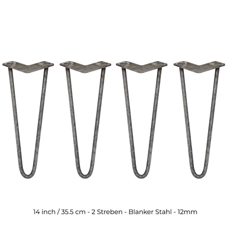 Vier 35,5 cm lange Hairpin Tischbeine aus rohem Stahl mit zwei Streben, in einer eleganten, minimalistischen Form und robustem, industriellem Look