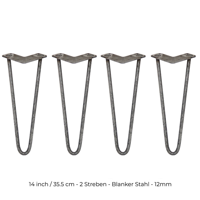 Vier 35,5 cm lange Hairpin Tischbeine aus rohem Stahl mit zwei Streben, in einer eleganten, minimalistischen Form und robustem, industriellem Look