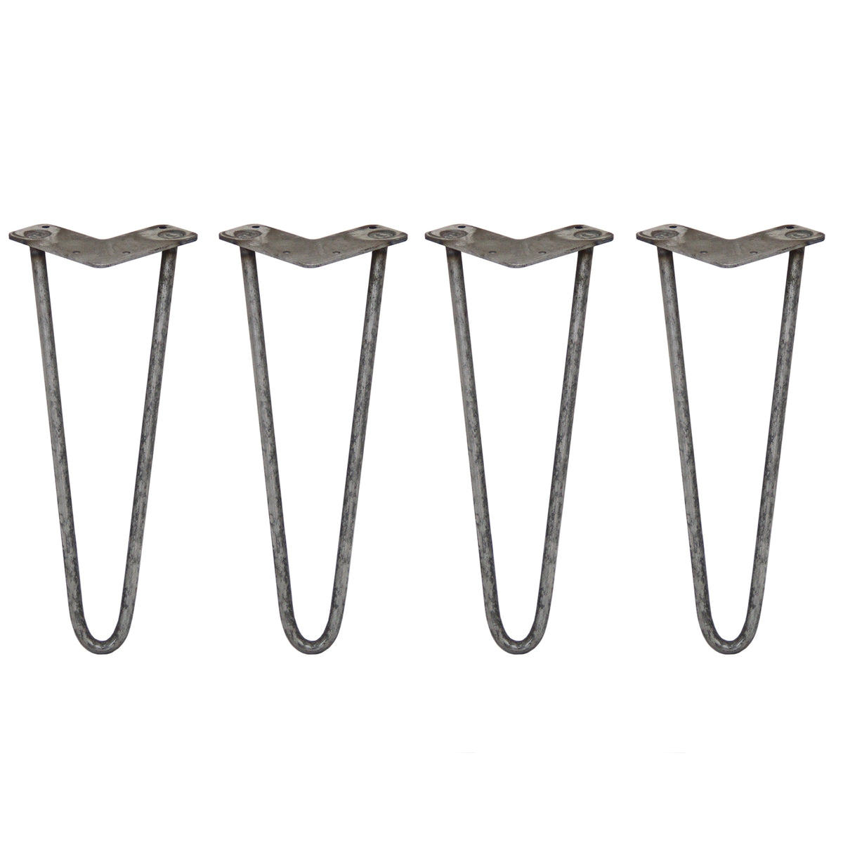 Vier 35,5 cm hohe Hairpin Tischbeine aus Rohstahl mit zwei Streben, elegant geschwungen, robust und ideal für moderne Möbelgestaltungen