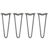 Vier 35,5 cm hohe Hairpin Tischbeine aus Rohstahl mit zwei Streben, elegant geschwungen, robust und ideal für moderne Möbelgestaltungen