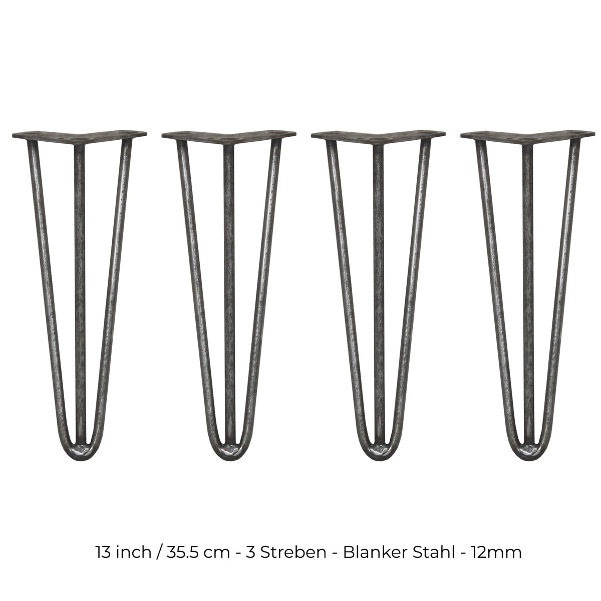 Vier 35,5 cm hohe Hairpin Tischbeine aus rohem Stahl mit drei Streben, schlank und modern, ideal für individuelle Möbelprojekte