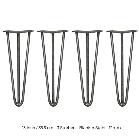 Vier 35,5 cm hohe Hairpin Tischbeine aus rohem Stahl mit drei Streben, schlank und modern, ideal für individuelle Möbelprojekte