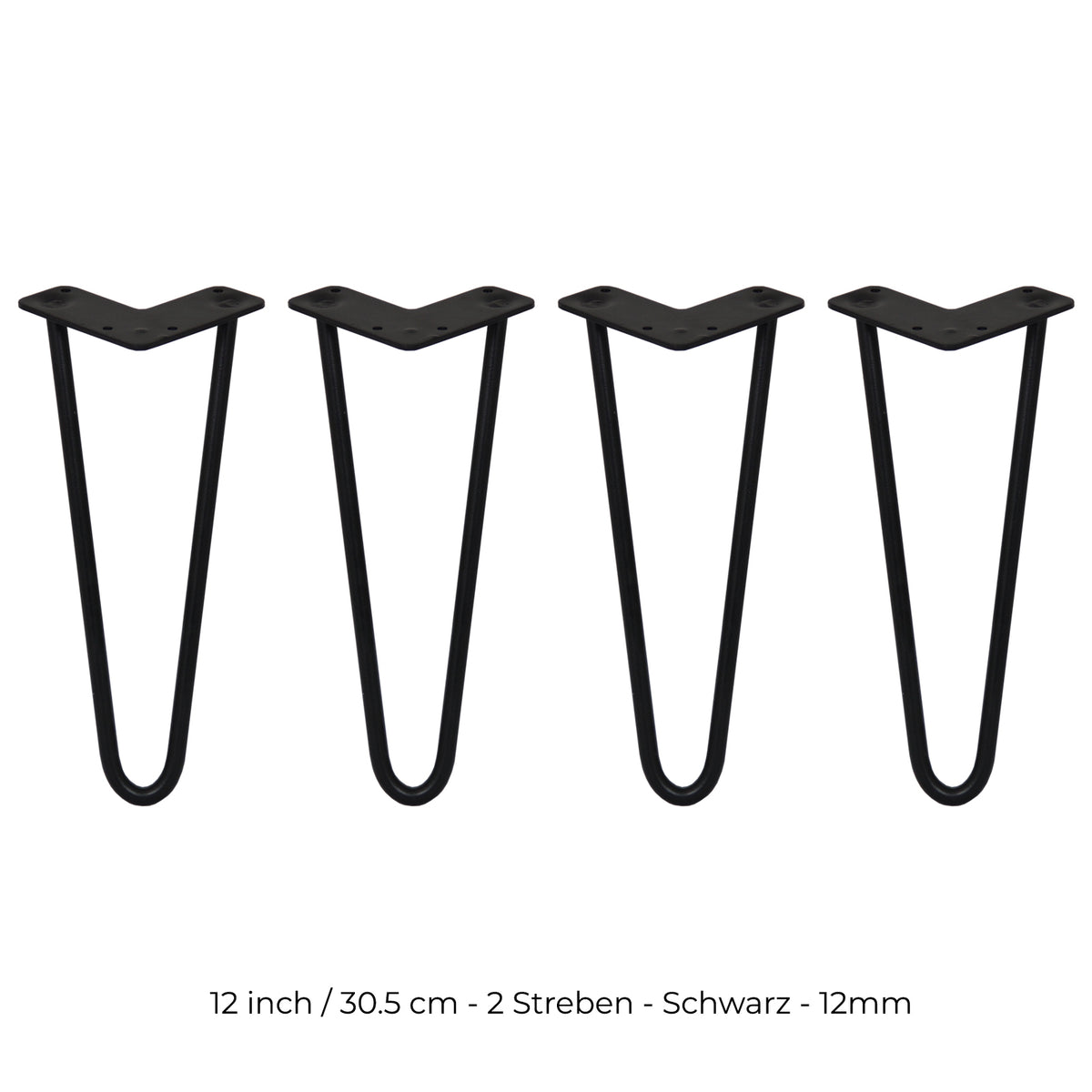 Schwarze Hairpin Tischbeine aus Metall, 30,5 cm hoch, mit zwei Streben und 12 mm Durchmesser, ideal für moderne Möbelgestaltungen