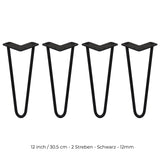 Schwarze Hairpin Tischbeine aus Metall, 30,5 cm hoch, mit zwei Streben und 12 mm Durchmesser, ideal für moderne Möbelgestaltungen