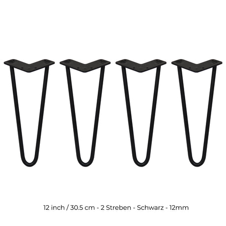 Schwarze Hairpin Tischbeine aus Metall, 30,5 cm hoch, mit zwei Streben und 12 mm Durchmesser, ideal für moderne Möbelgestaltungen