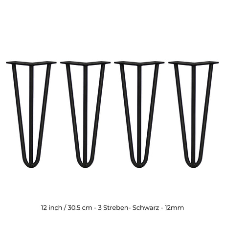 Schwarze Hairpin Tischbeine mit drei Streben, 30,5 cm hoch, aus robustem Metall, ideal für moderne Möbelgestaltungen