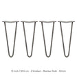 Vier 30,5 cm hohe Hairpin Tischbeine aus rohem Stahl mit zwei Streben, schlankes Design, robust und modern, ideal für individuelle Möbelprojekte