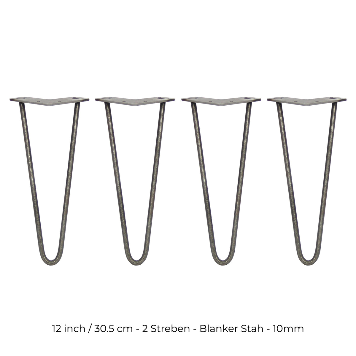 Vier 30,5 cm hohe Hairpin Tischbeine aus rohem Stahl mit zwei Streben, schlankes Design, robust und modern, ideal für individuelle Möbelprojekte