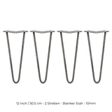 Vier 30,5 cm hohe Hairpin Tischbeine aus rohem Stahl mit zwei Streben, schlankes Design, robust und modern, ideal für individuelle Möbelprojekte