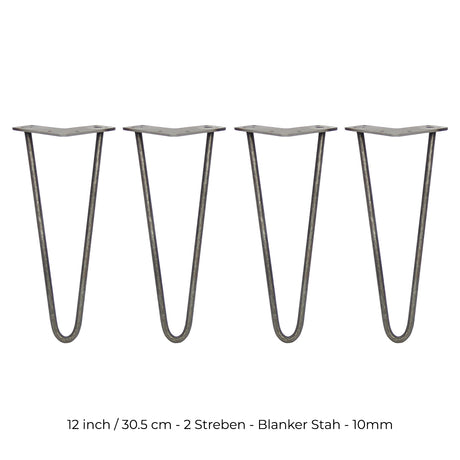 Vier 30,5 cm hohe Hairpin Tischbeine aus rohem Stahl mit zwei Streben, schlankes Design, robust und modern, ideal für individuelle Möbelprojekte