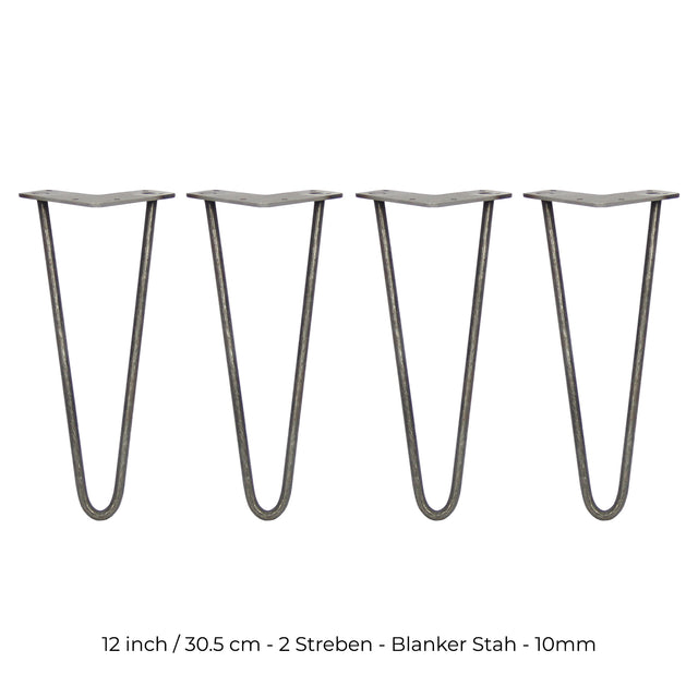 Vier 30,5 cm hohe Hairpin Tischbeine aus rohem Stahl mit zwei Streben, schlankes Design, robust und modern, ideal für individuelle Möbelprojekte