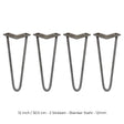 Vier 30,5 cm lange Hairpin Tischbeine aus blankem Stahl mit zwei Streben, geschwungene Form und robustem, industriellem Design