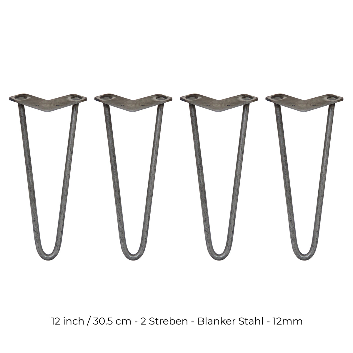 Vier 30,5 cm lange Hairpin Tischbeine aus blankem Stahl mit zwei Streben, geschwungene Form und robustem, industriellem Design