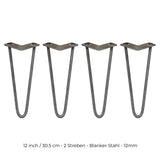 Vier 30,5 cm lange Hairpin Tischbeine aus blankem Stahl mit zwei Streben, geschwungene Form und robustem, industriellem Design