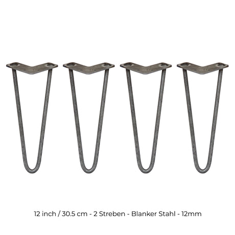 Vier 30,5 cm lange Hairpin Tischbeine aus blankem Stahl mit zwei Streben, geschwungene Form und robustem, industriellem Design