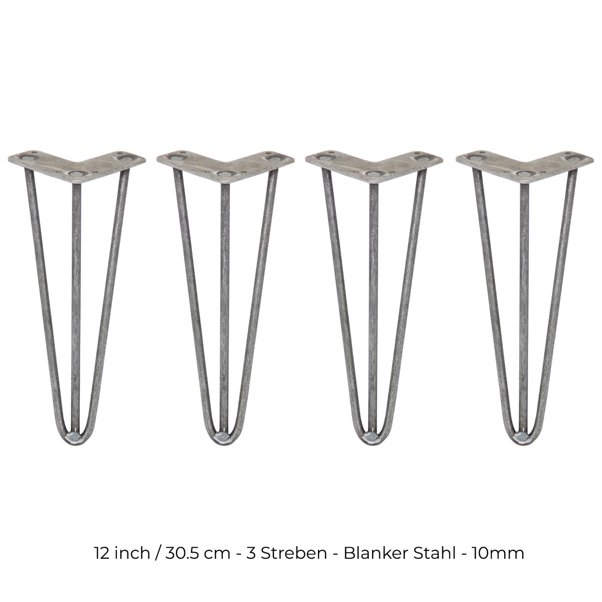 Vier 30,5 cm hohe Hairpin Tischbeine aus blankem Stahl mit drei stabilen Streben, ideal für moderne Möbelgestaltungen