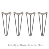 Vier 30,5 cm hohe Hairpin Tischbeine aus blankem Stahl mit drei stabilen Streben, ideal für moderne Möbelgestaltungen