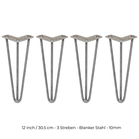 Vier 30,5 cm hohe Hairpin Tischbeine aus blankem Stahl mit drei stabilen Streben, ideal für moderne Möbelgestaltungen