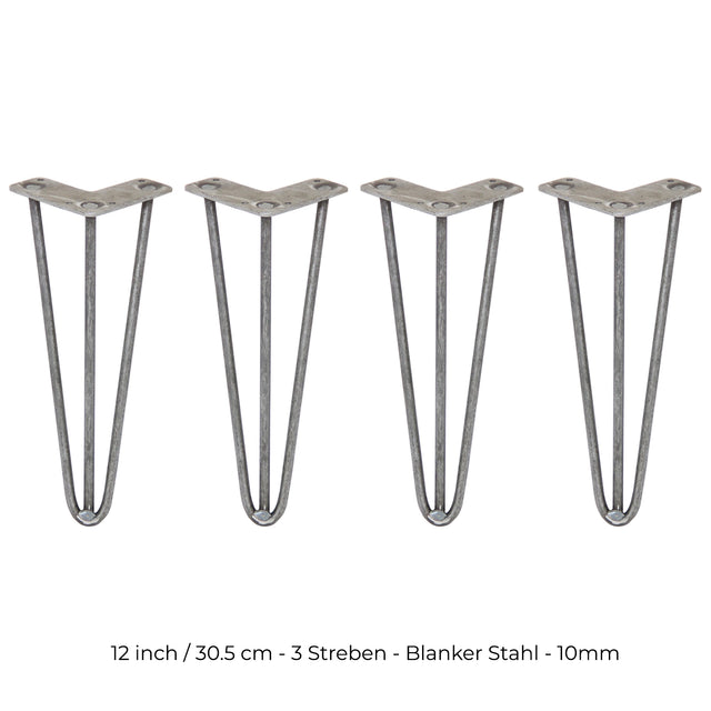 Vier 30,5 cm hohe Hairpin Tischbeine aus blankem Stahl mit drei stabilen Streben, ideal für moderne Möbelgestaltungen