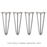 Vier 30,5 cm lange Hairpin Tischbeine aus Rohstahl mit drei Streben, robust und modern, ideal für individuelle Möbelprojekte