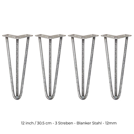 Vier 30,5 cm lange Hairpin Tischbeine aus Rohstahl mit drei Streben, robust und modern, ideal für individuelle Möbelprojekte
