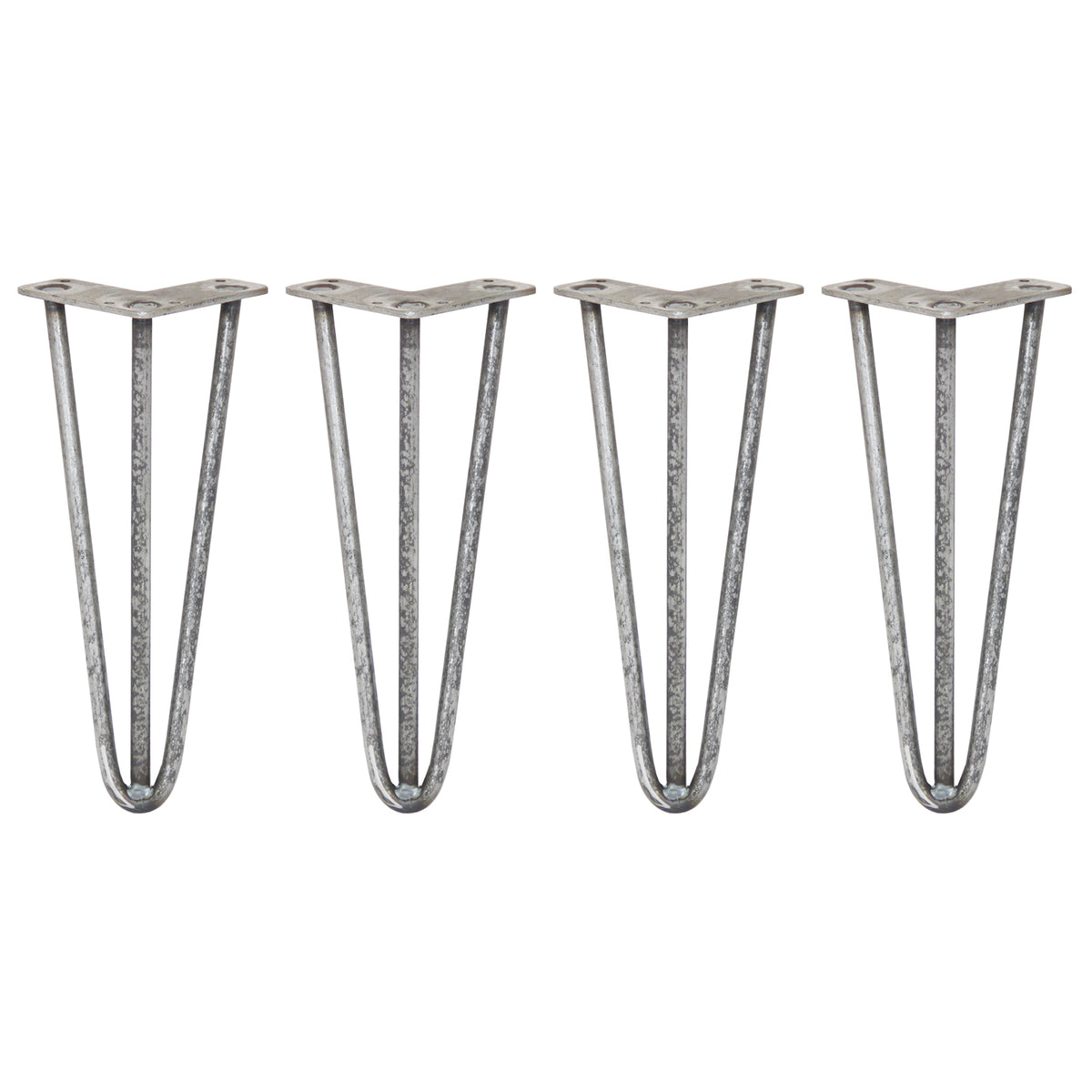 Vier robuste Hairpin Tischbeine aus Rohstahl, 30,5 cm hoch, mit drei Streben und 12 mm Durchmesser, ideal für moderne Möbelgestaltung