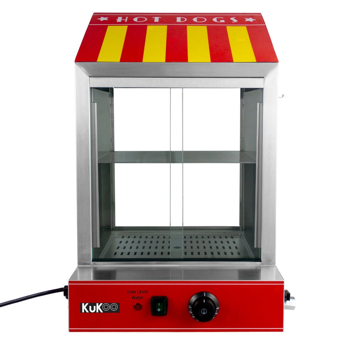 KuKoo Gastro Hot Dog Wärmer mit Wagen, rotes Gehäuse, gelbe und rote Streifen auf dem Dach, transparente Glastüren, Edelstahlregal für Hot Dogs