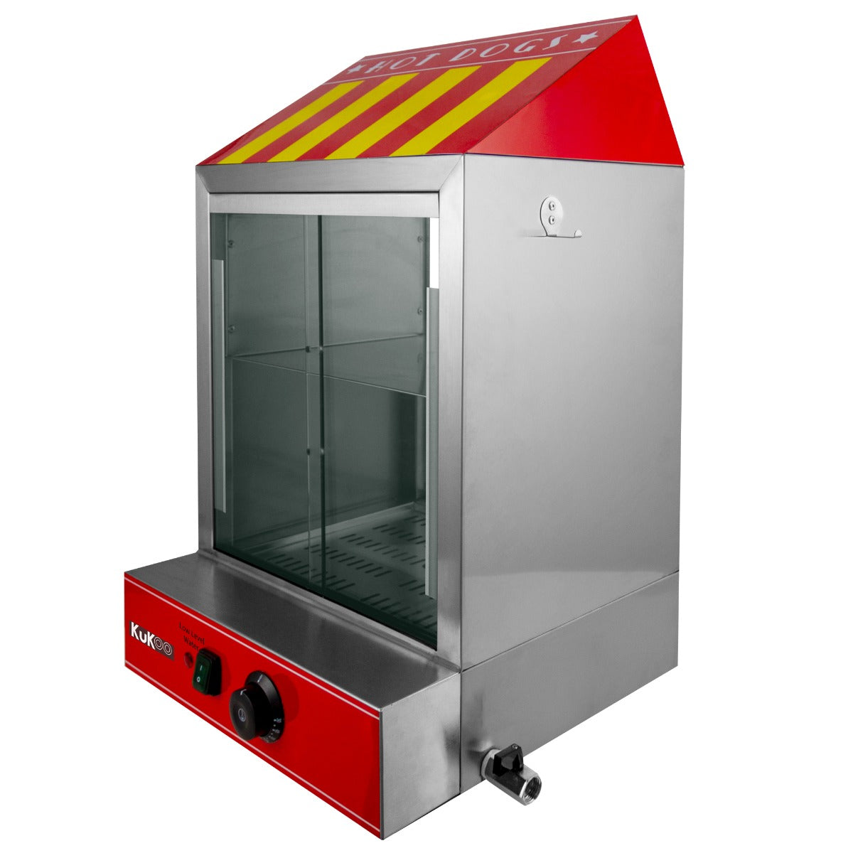Der KuKoo Gastro Hot Dog Wärmer mit Wagen hat ein glänzendes Edelstahlgehäuse, eine transparente Frontscheibe und rote Akzente für einen ansprechenden Look