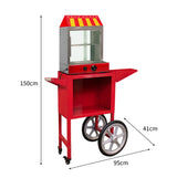 Roter Hot Dog Wärmer mit Wagen, glänzender Edelstahl-Oberfläche, große transparente Frontscheibe, praktische Ablage und robuste Räder für einfachen Transport