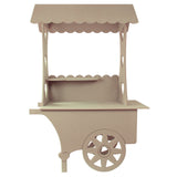 Heller, minimalistischer Mini Süßigkeitenstand aus Karton mit einem Dach, einer offenen Verkaufsfläche und einem herzförmigen Rad, ideal für Partys