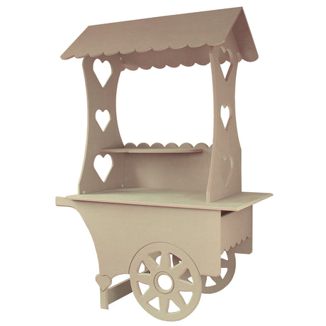 Mini Süßigkeitenstand aus hellem Holz mit herzförmigen Ausschnitten, einem Dach mit Wellenkante und einem stabilen Wagen mit Rädern