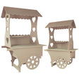 Zwei niedliche, beige Candy Bar Süßigkeitenstände aus Holz mit herzförmigen Ausschnitten, ideal für Hochzeiten oder Partys, mit praktischen Regalen