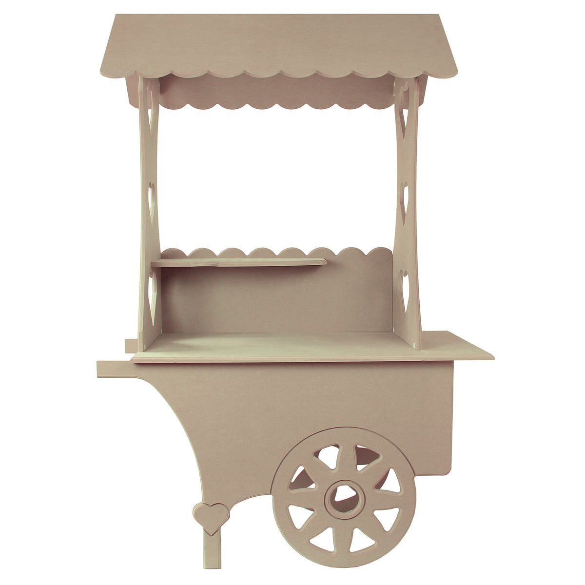 Zwei beige Candy Bar Süßigkeitenstände aus stabilem Karton mit einem Dach, offenen Regalen und einem dekorativen Rad, ideal für Partys und Veranstaltungen