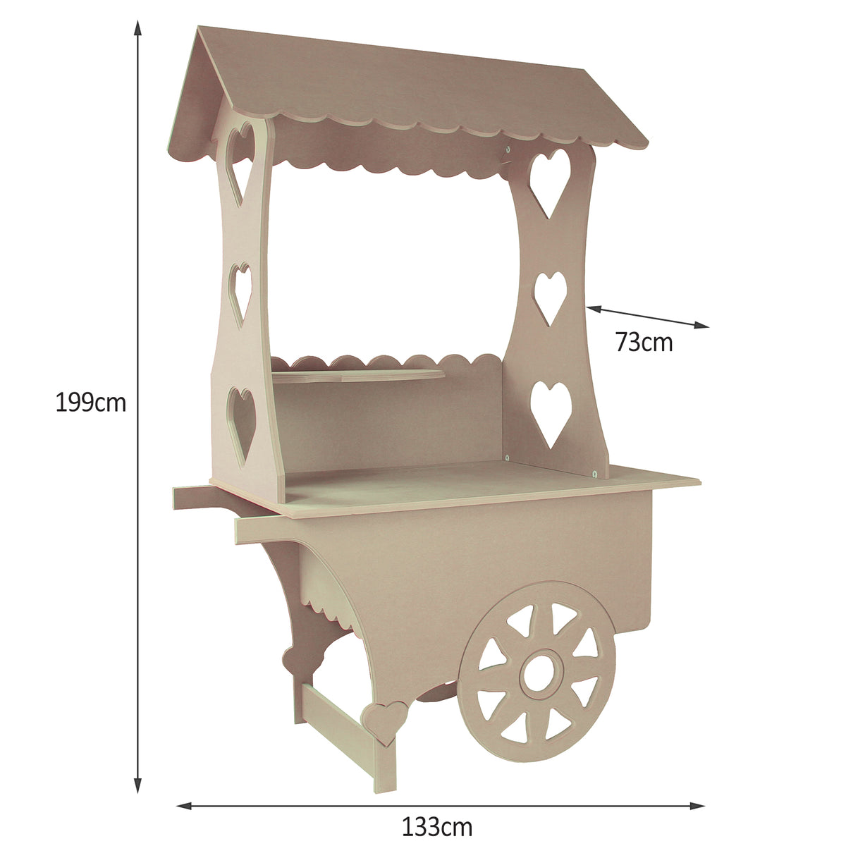 Zwei beige Candy Bar Süßigkeitenstände mit herzförmigen Ausschnitten, einem Dach und einem praktischen Regal, ideal für Feiern und Events