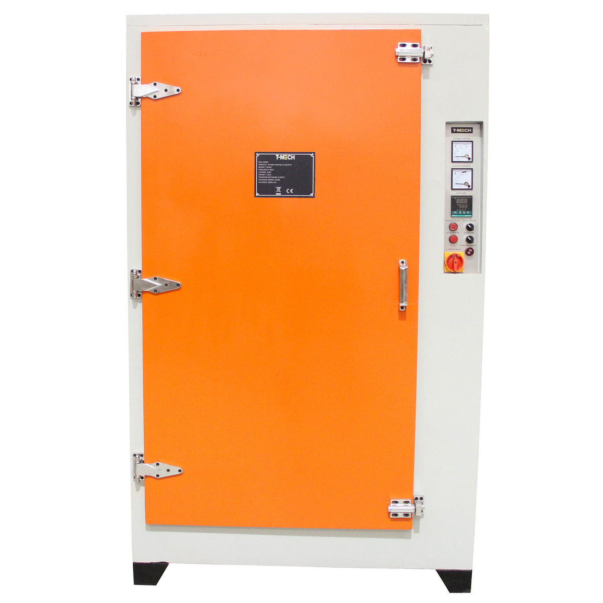 Ein großer, grauer Trockenschrank mit einer leuchtend orangefarbenen Tür, ausgestattet mit einem digitalen Bedienfeld und stabilen Metallbeschlägen