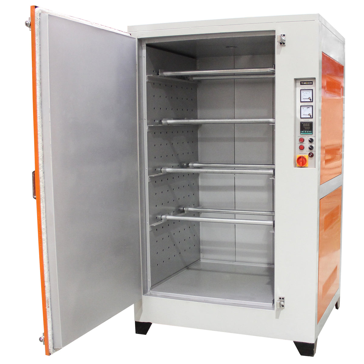 Ein offener, moderner Schrank mit orangefarbenen Akzenten, mehreren verstellbaren Regalen und einer glatten, silbernen Oberfläche, ideal für die Lagerung von Produkten
