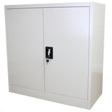 Metall-Aktenschrank in hellem Grau, 90 cm breit, mit zwei Türen und einem Schloss, ideal für Büros zur sicheren Aufbewahrung von Dokumenten
