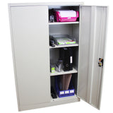 Heller Stahl-Aktenschrank mit zwei Türen, vier Regalen, einem modernen Design und Platz für Ordner, Büromaterial und Dokumente