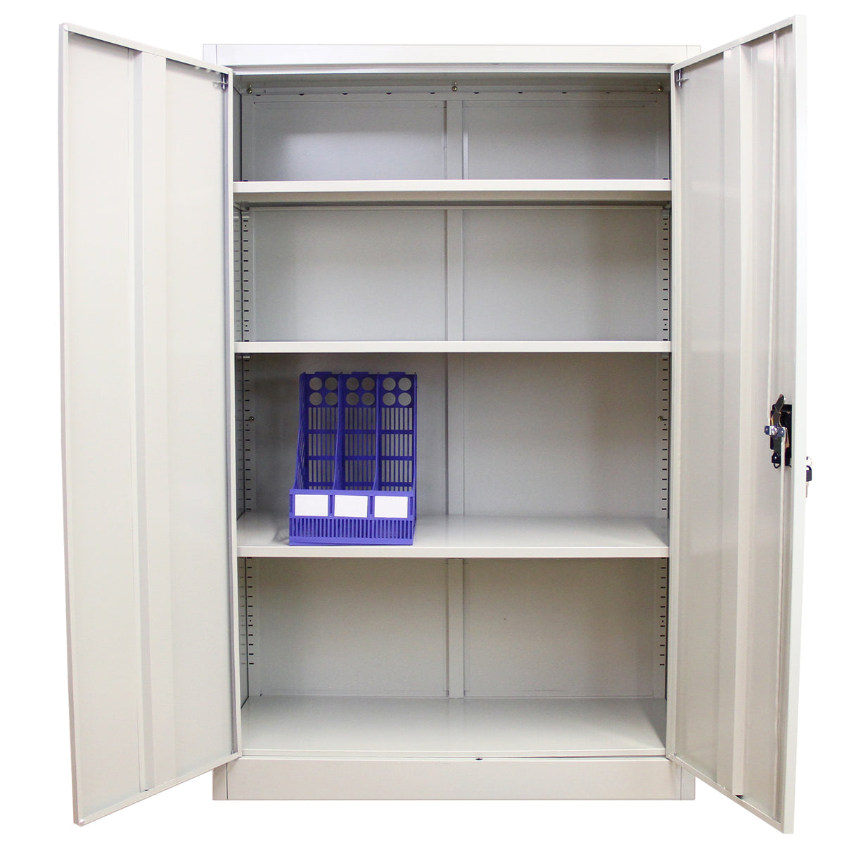 Heller, stabiler Aktenschrank aus Stahl in 140 cm Höhe mit zwei offenen Regalen und einer blauen Ablagebox für Dokumente, ideal für Büros
