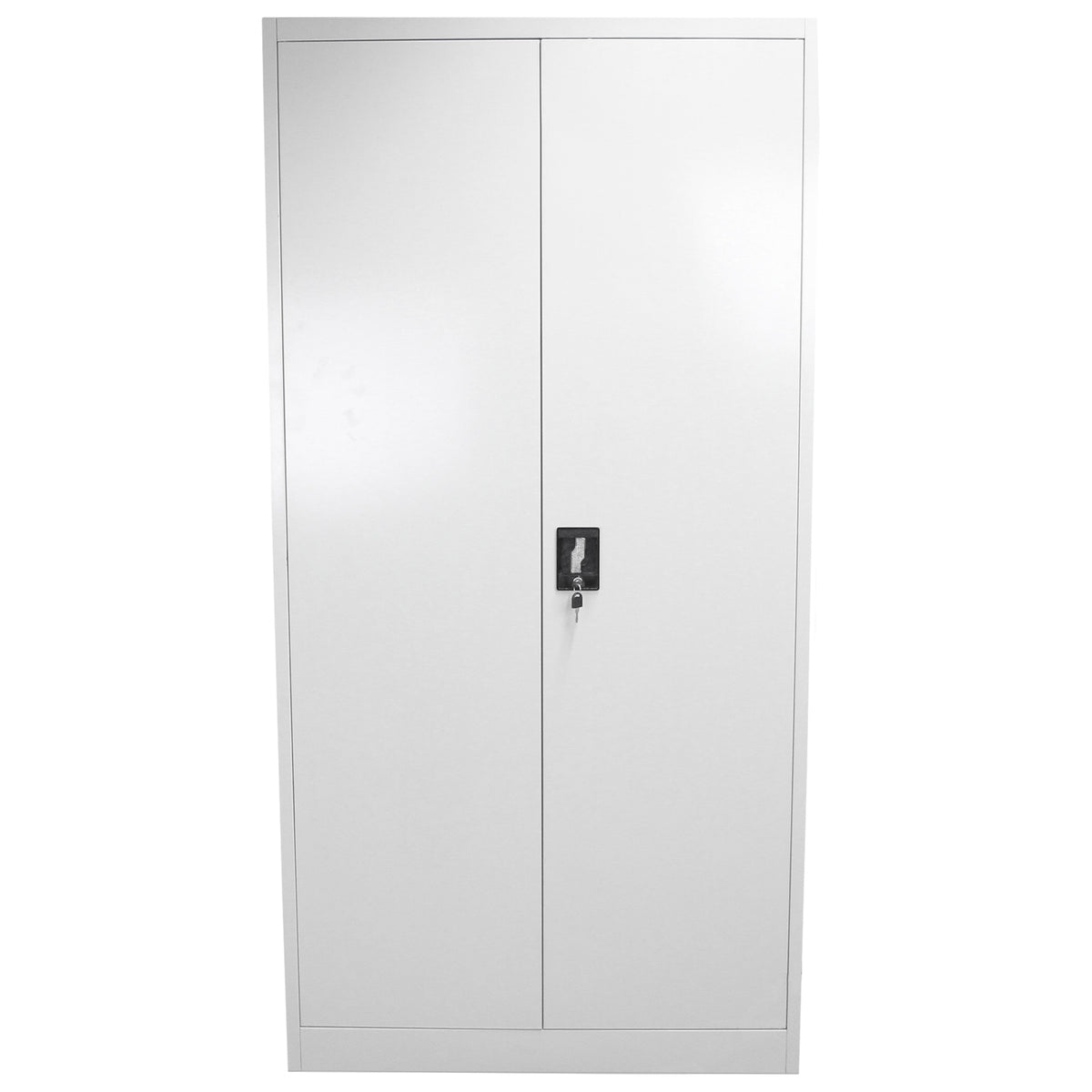 Abschließbarer Aktenschrank in elegantem Weiß, 180 cm hoch, mit zwei glatten Türen und einem zentralen Schloss für sichere Aufbewahrung von Dokumenten